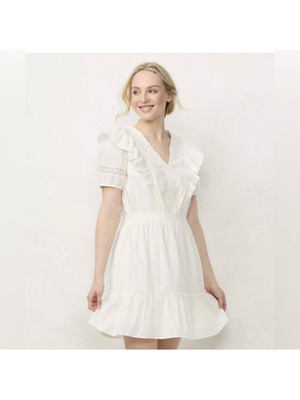 LC Lauren Conrad White Ruffled V-Neck Mini Dress